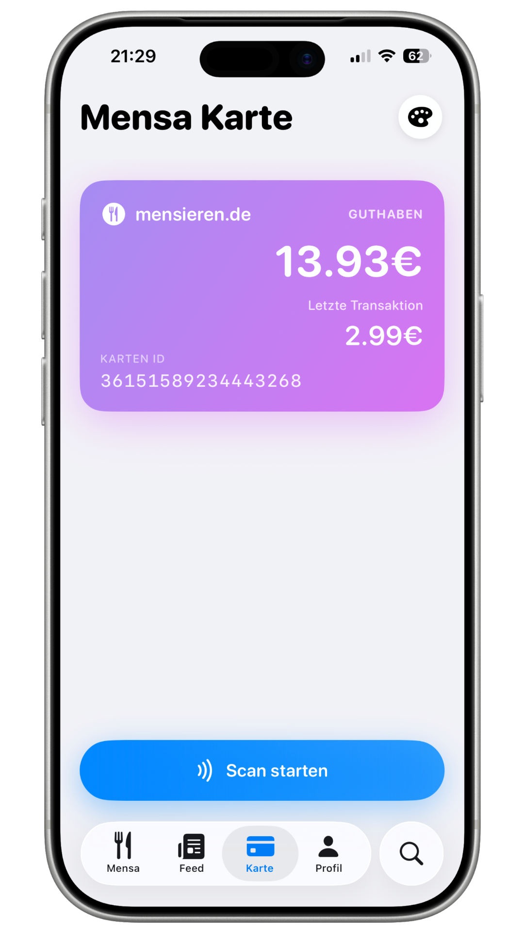 Mensieren App – Mensa-Guthaben nach NFC-Scan angezeigt