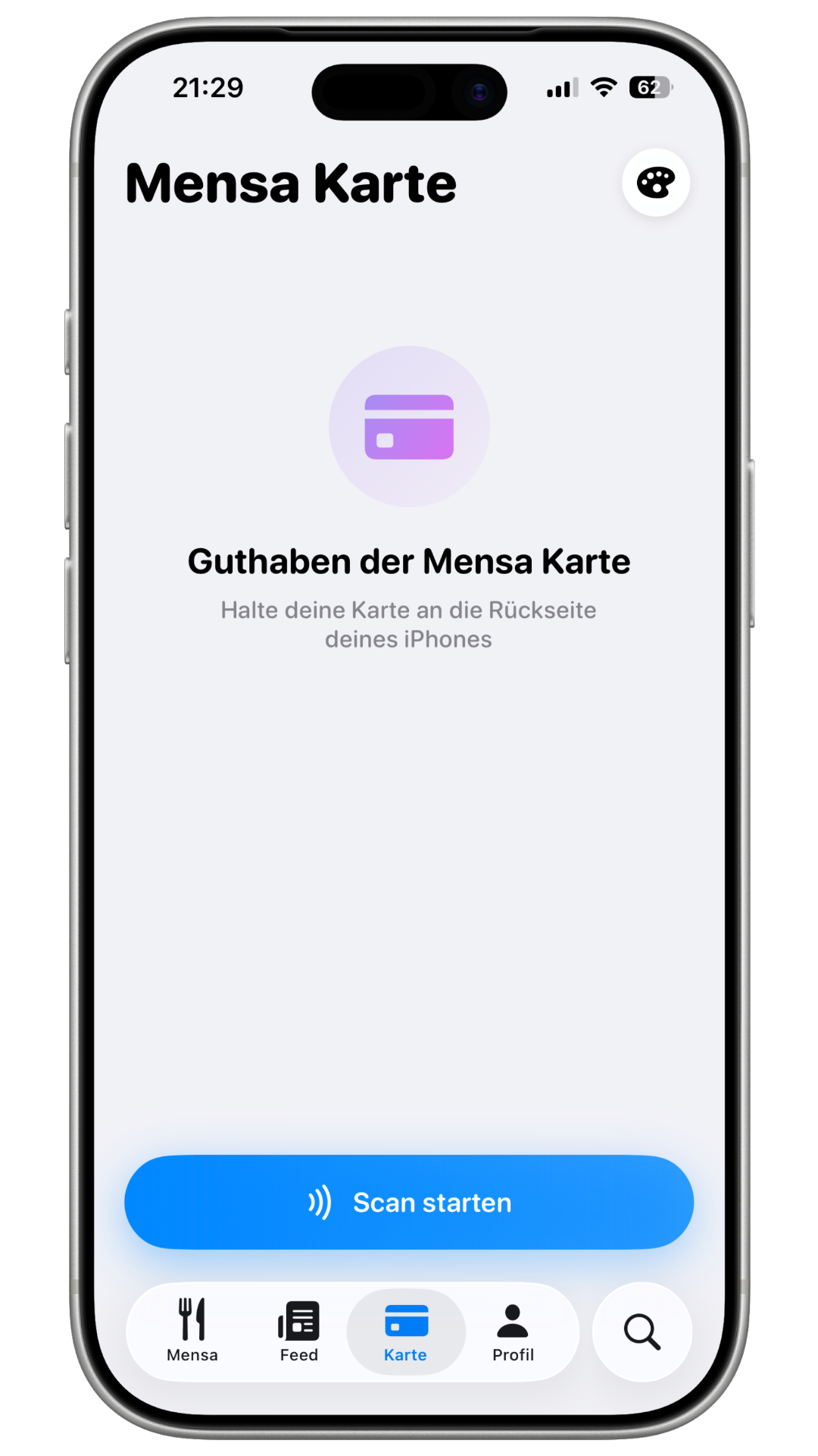 Mensieren App – Mensakarte an Handy halten zum NFC-Scan